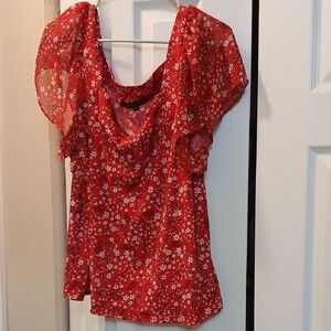 Red Ruffled Asymmetrical Square Neck Blouse with Cap Sleeves